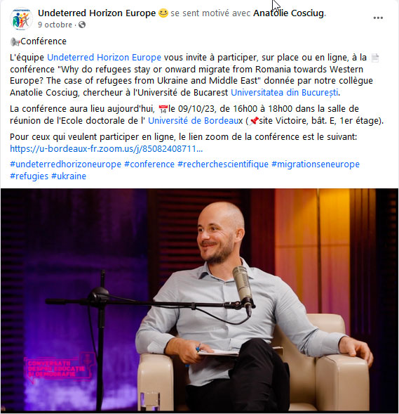 Conferencia «¿Por qué los refugiados permanecen o migran hacia el oeste desde Rumania hacia Europa Occidental? El caso de los refugiados de Ucrania y Medio Oriente»